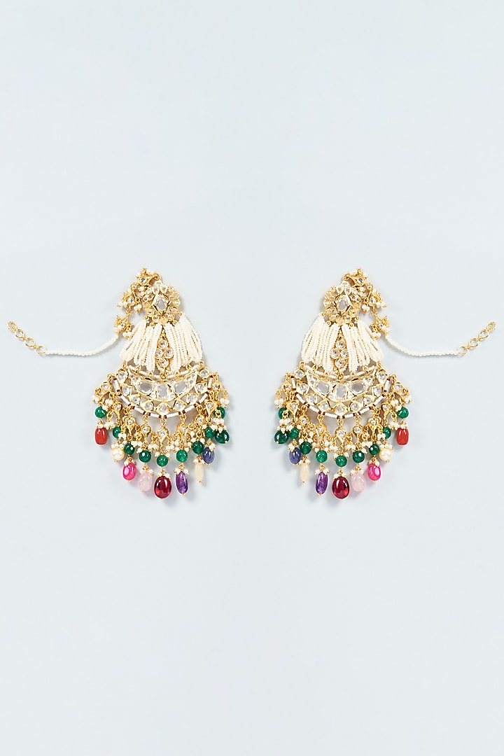 Gold Plated Navratna Stone & Kundan Polki Chandbali Earrings by Kiara at Pernia's Pop Up Shop