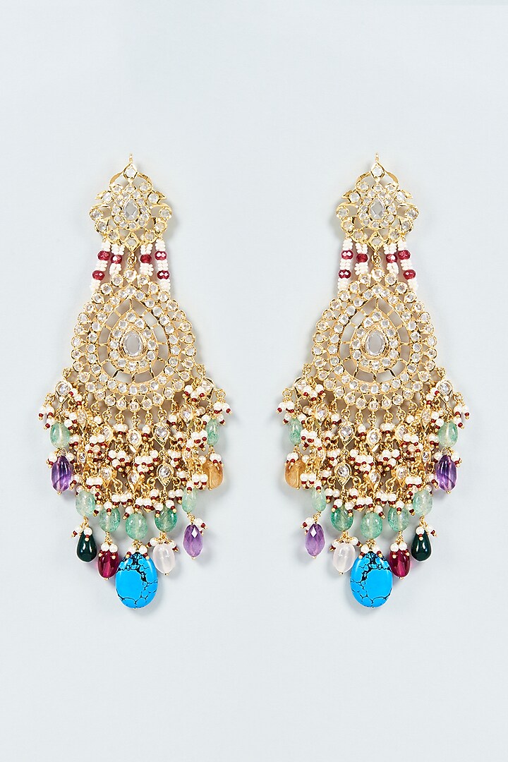 Gold Plated Navratna Stone & Kundan Polki Dangler Earrings by Kiara at Pernia's Pop Up Shop