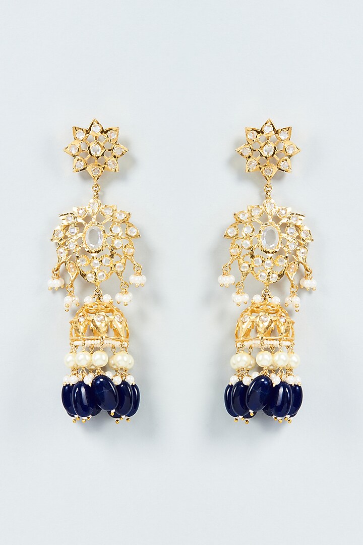 Gold Plated Blue Onyx Tumble & Kundan Polki Dangler Earrings by Kiara at Pernia's Pop Up Shop