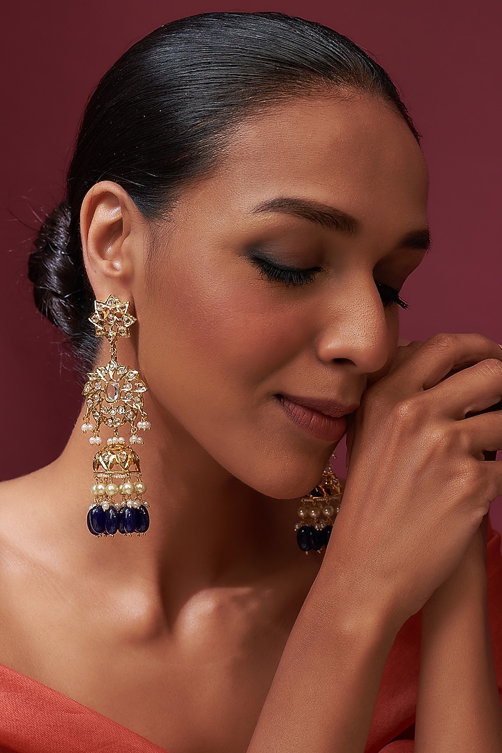 Gold Plated Blue Onyx Tumble & Kundan Polki Dangler Earrings by Kiara at Pernia's Pop Up Shop