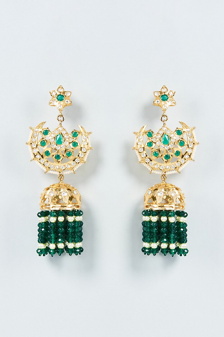 Gold Plated Green Onyx & Kundan Polki Jhumka Earrings by Kiara at Pernia's Pop Up Shop