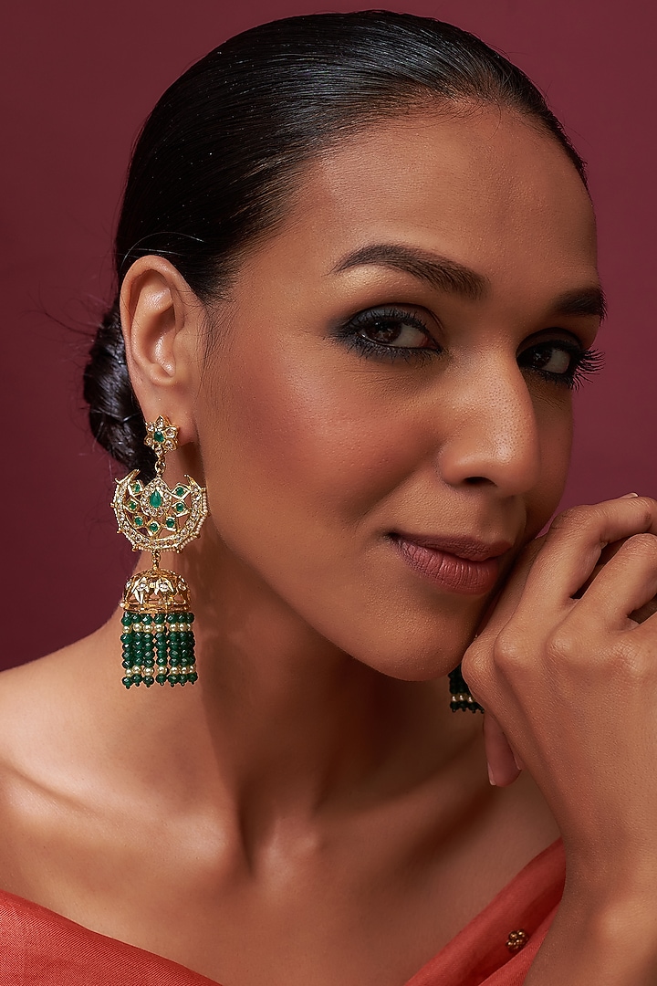 Gold Plated Green Onyx & Kundan Polki Jhumka Earrings by Kiara at Pernia's Pop Up Shop