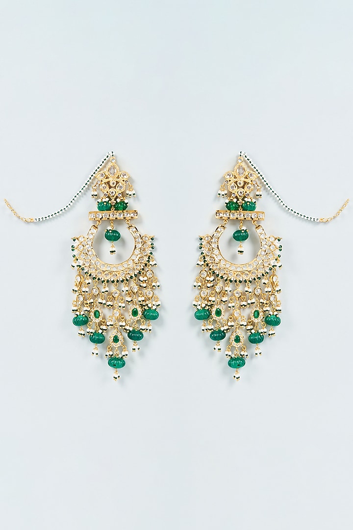 Gold Plated Green Onyx & Kundan Polki Chandbali Earrings by Kiara at Pernia's Pop Up Shop