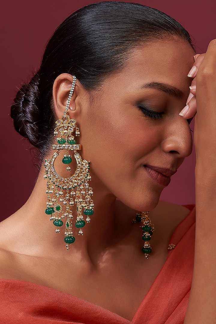 Gold Plated Green Onyx & Kundan Polki Chandbali Earrings by Kiara at Pernia's Pop Up Shop