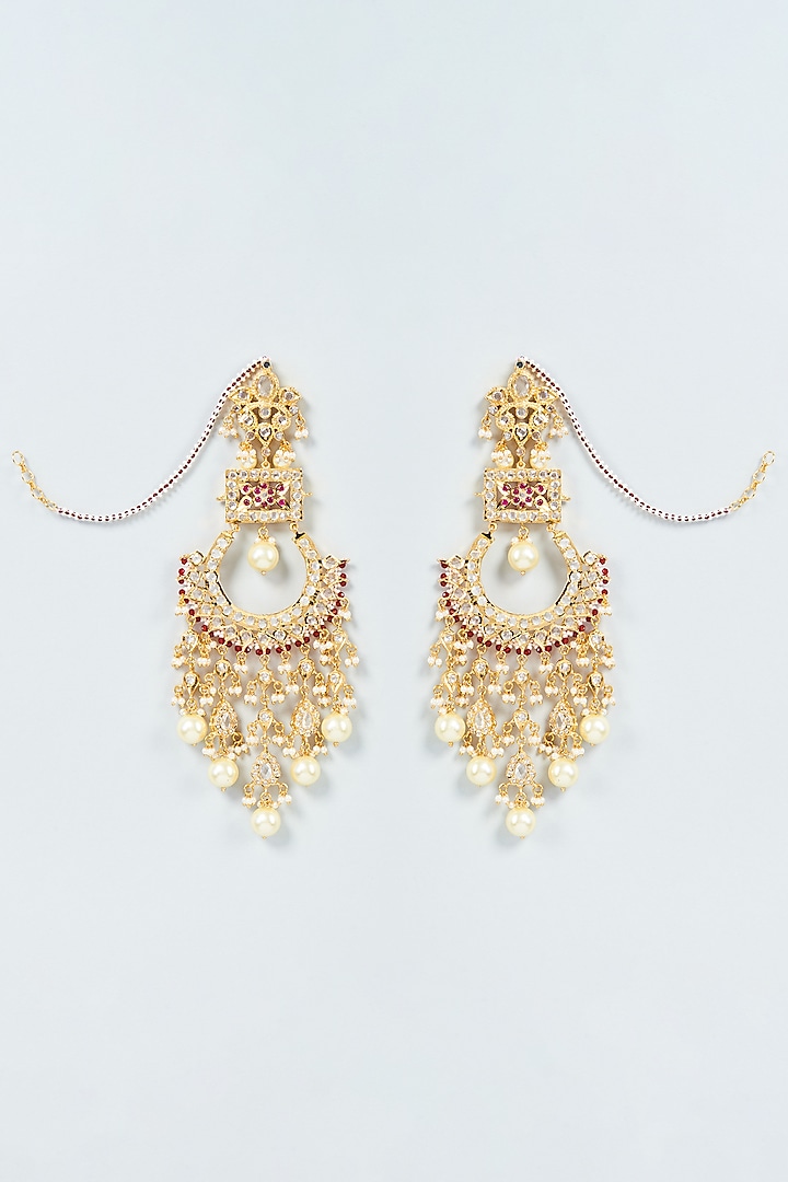 Gold Plated White Pearl & Kundan Polki Chandbali Earrings by Kiara at Pernia's Pop Up Shop