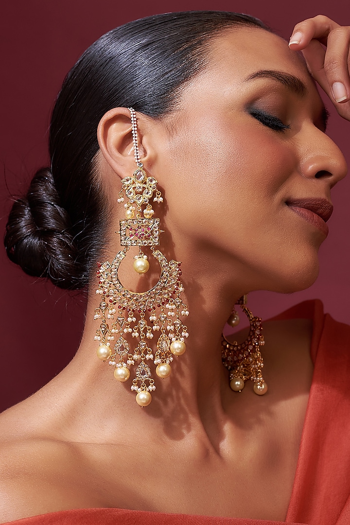 Gold Plated White Pearl & Kundan Polki Chandbali Earrings by Kiara at Pernia's Pop Up Shop