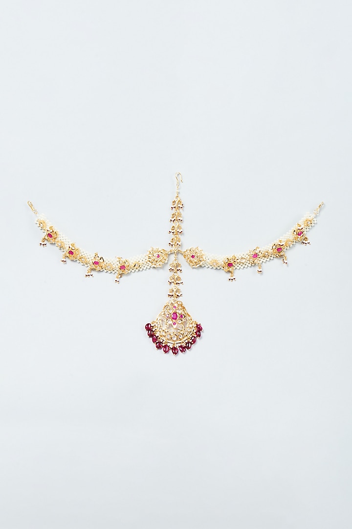 Gold plated Red Onyx & Kundan Polki Mathapatti by Kiara