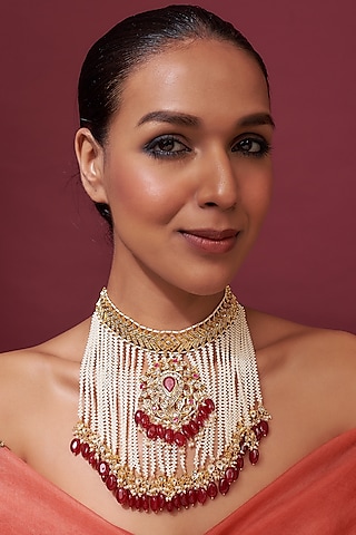 Gold Plated Red Onyx & Kundan Polki choker Necklace by Kiara