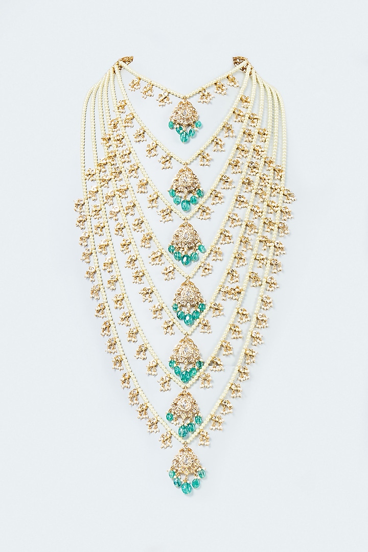 Gold Plated Green Onyx & Kundan Polki Long Layered Necklace by Kiara at Pernia's Pop Up Shop