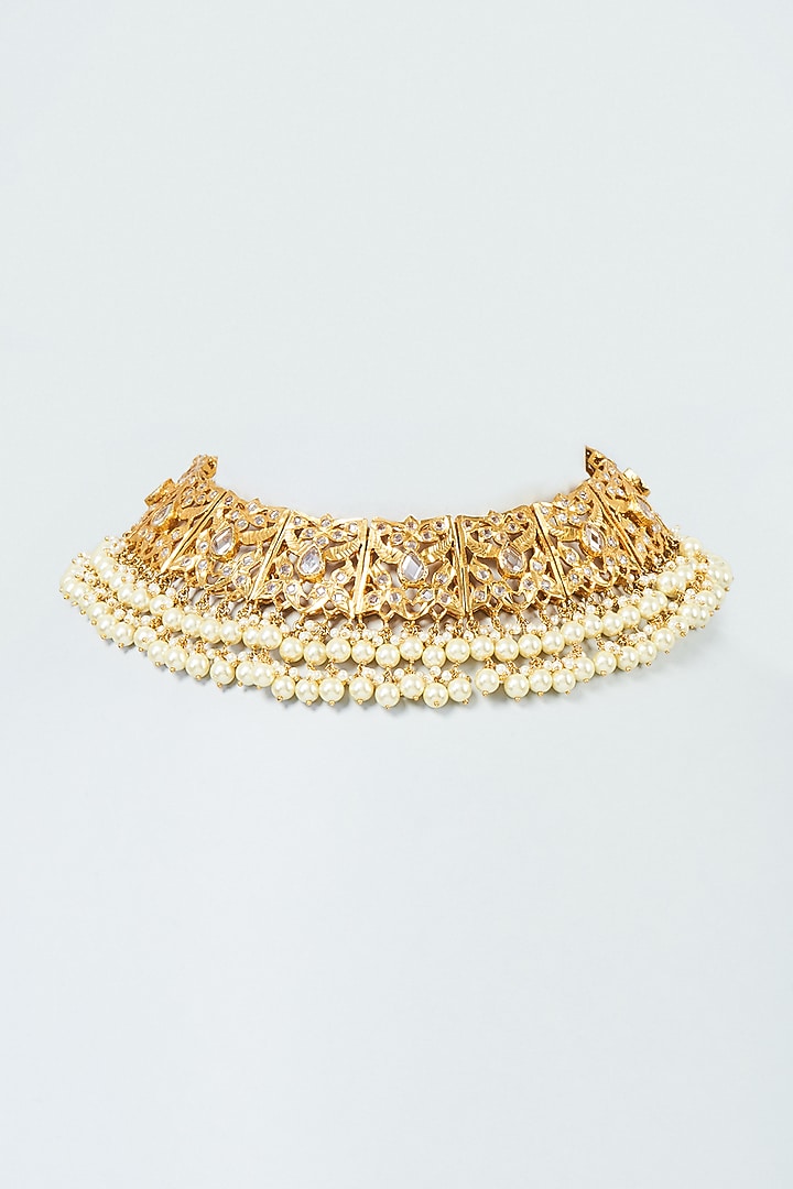 Gold Plated Cream Pearl & Kundan Polki Choker Necklace by Kiara at Pernia's Pop Up Shop