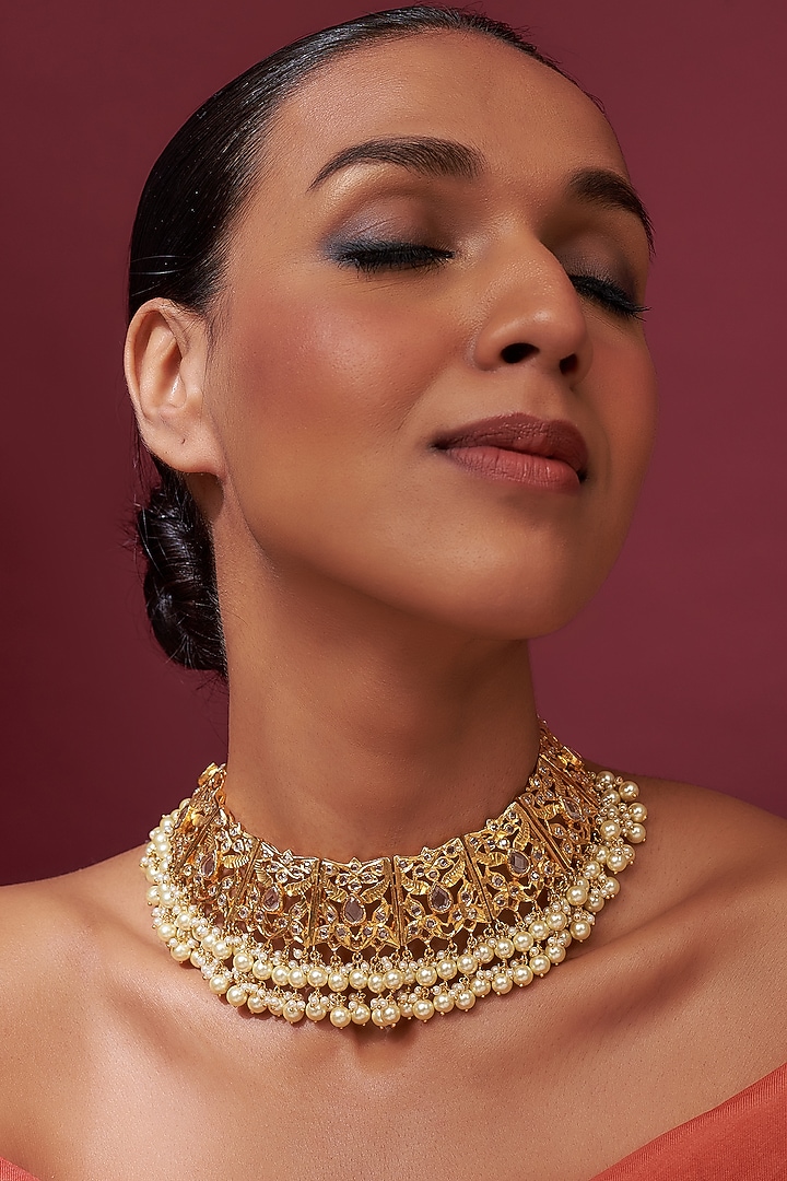 Gold Plated Cream Pearl & Kundan Polki Choker Necklace by Kiara at Pernia's Pop Up Shop