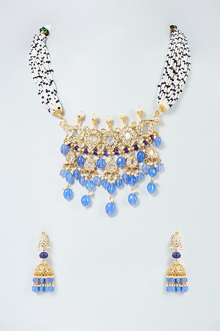 Gold Plated Blue Onyx Bead & Kundan Polki Choker Necklace Set by Kiara at Pernia's Pop Up Shop