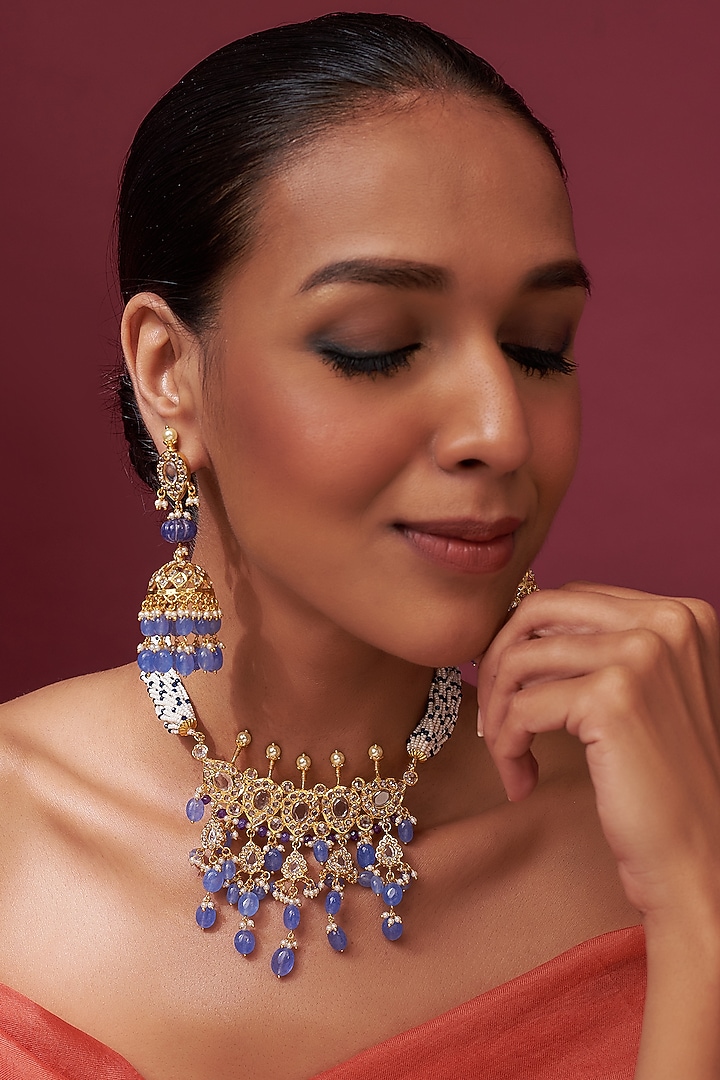 Gold Plated Blue Onyx Bead & Kundan Polki Choker Necklace Set by Kiara at Pernia's Pop Up Shop