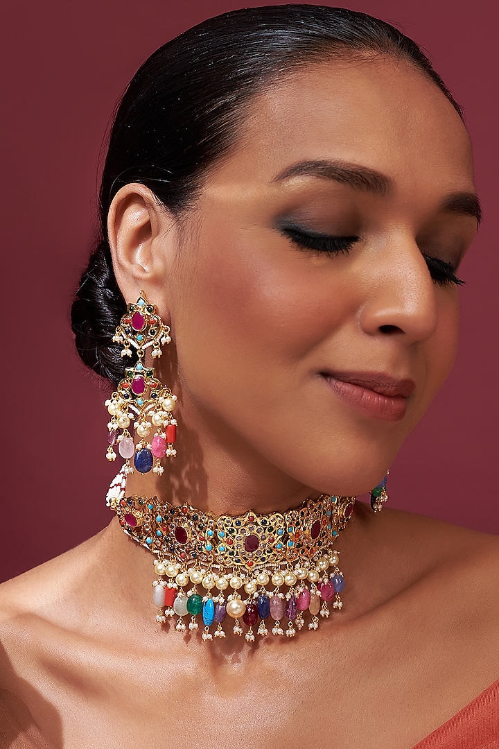 Gold Plated Navratna Stone & Kundan Polki Choker Necklace Set by Kiara at Pernia's Pop Up Shop
