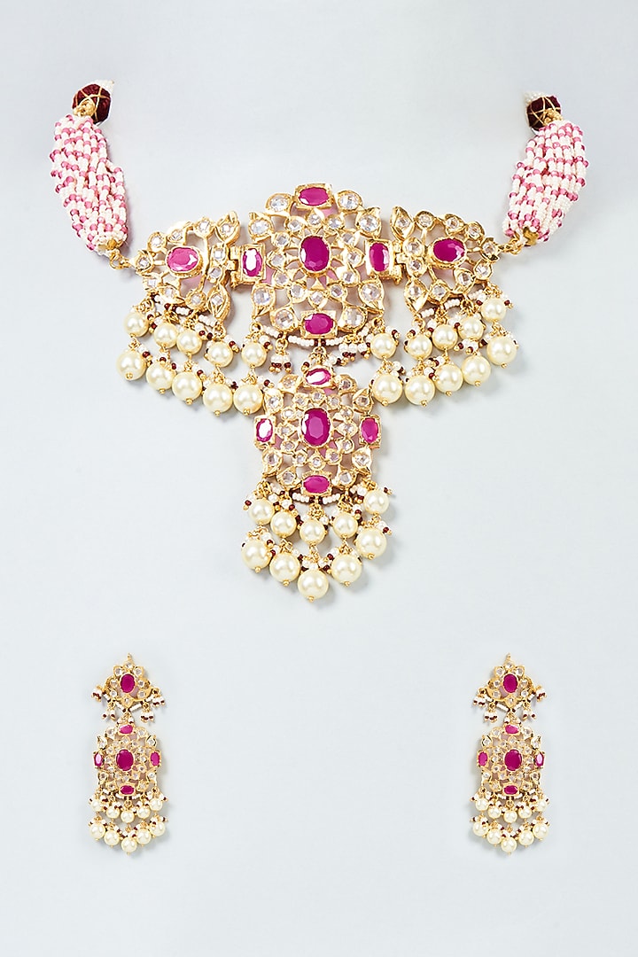 Gold Plated Red Onyx Stone & Kundan Polki Choker Necklace Set by Kiara at Pernia's Pop Up Shop