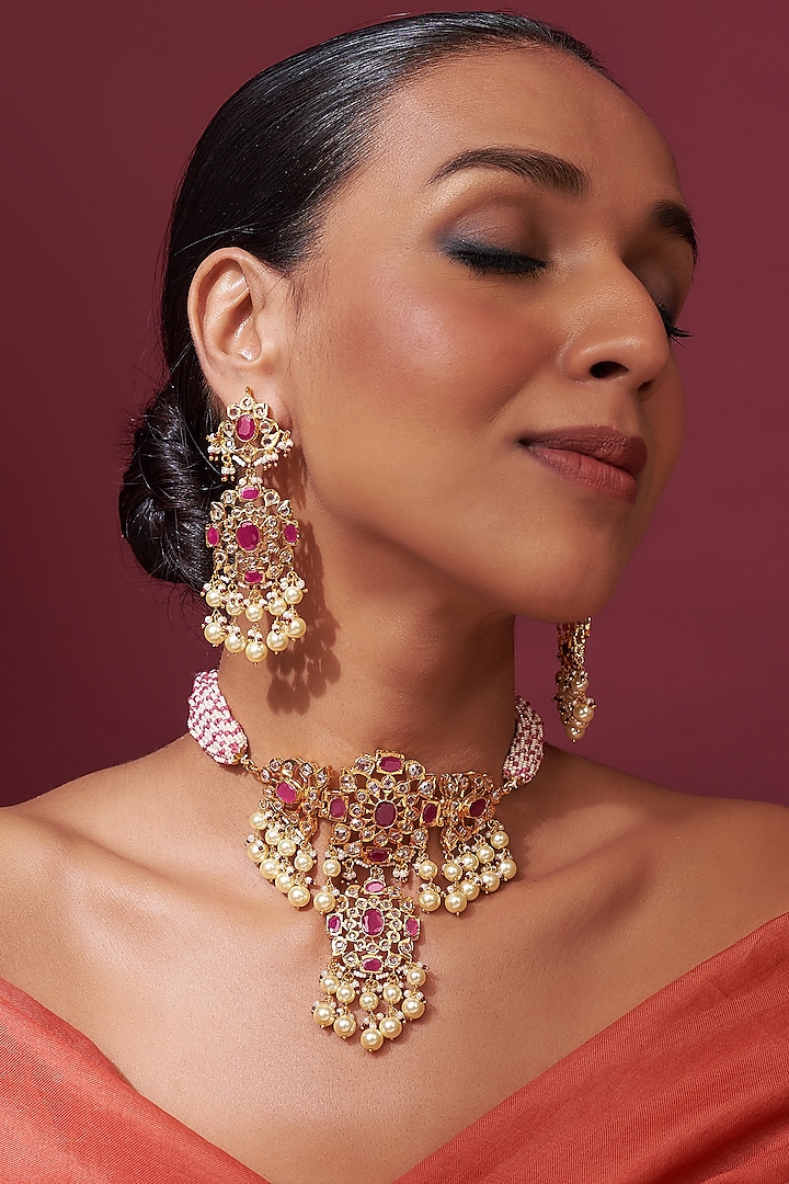 Gold Plated Red Onyx Stone & Kundan Polki Choker Necklace Set by Kiara at Pernia's Pop Up Shop