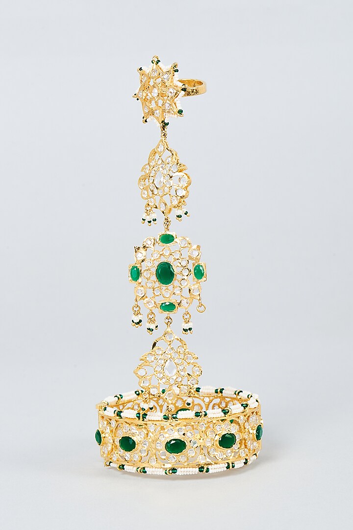 Gold Plated Green Onyx & Kundan Polki Hathphool by Kiara at Pernia's Pop Up Shop