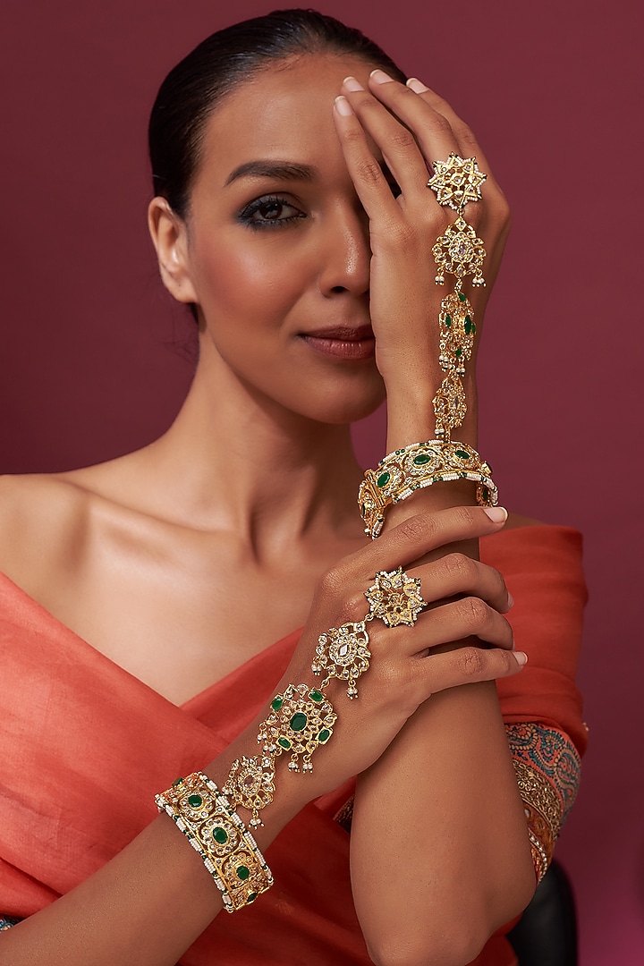 Gold Plated Green Onyx & Kundan Polki Hathphool by Kiara at Pernia's Pop Up Shop