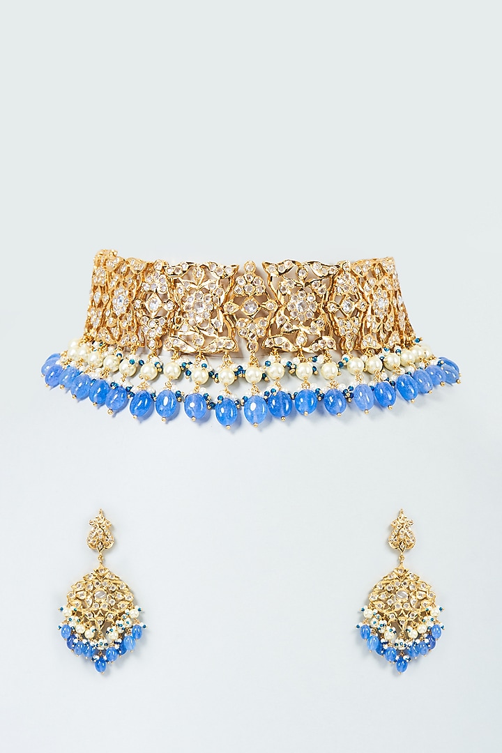 Gold Plated Blue Onyx Bead & Kundan Polki Choker Necklace Set by Kiara at Pernia's Pop Up Shop