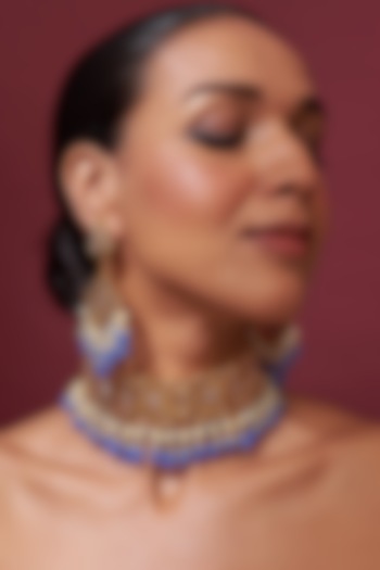 Gold Plated Blue Onyx Bead & Kundan Polki Choker Necklace Set by Kiara