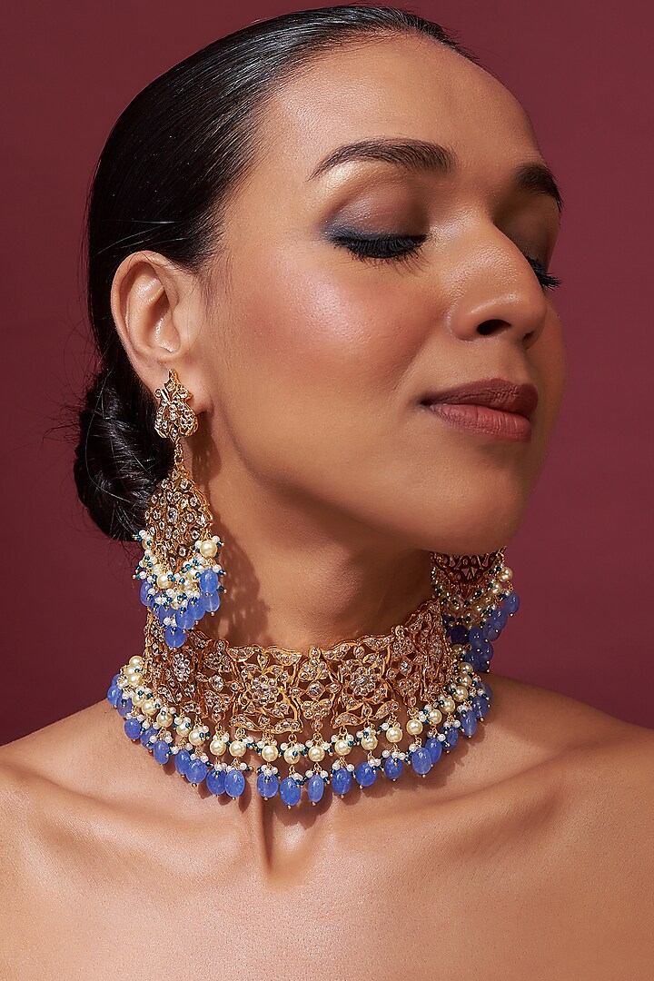 Gold Plated Blue Onyx Bead & Kundan Polki Choker Necklace Set by Kiara
