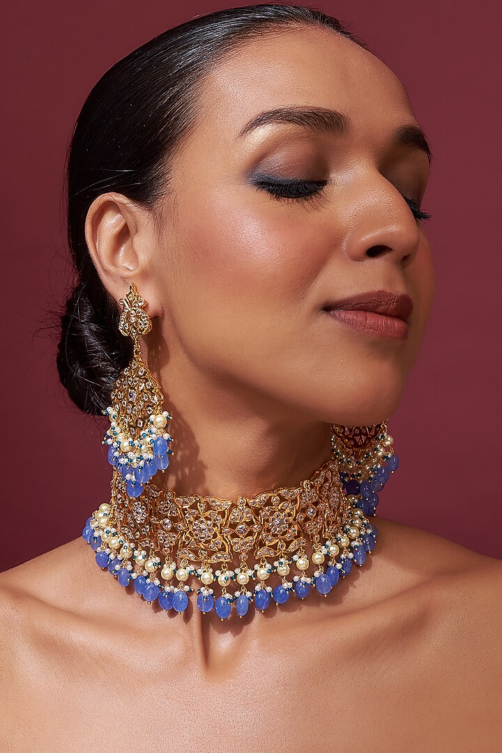 Gold Plated Blue Onyx Bead & Kundan Polki Choker Necklace Set by Kiara at Pernia's Pop Up Shop
