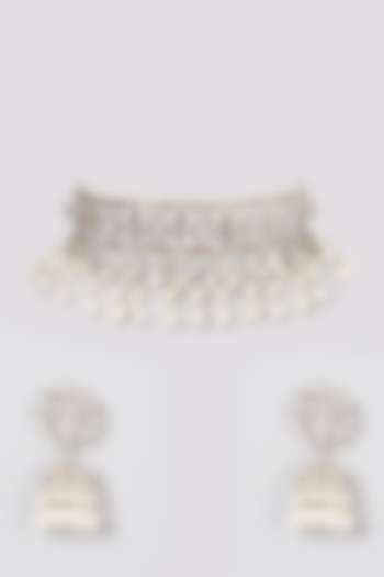 White Finish Choker Necklace Set by Kiara