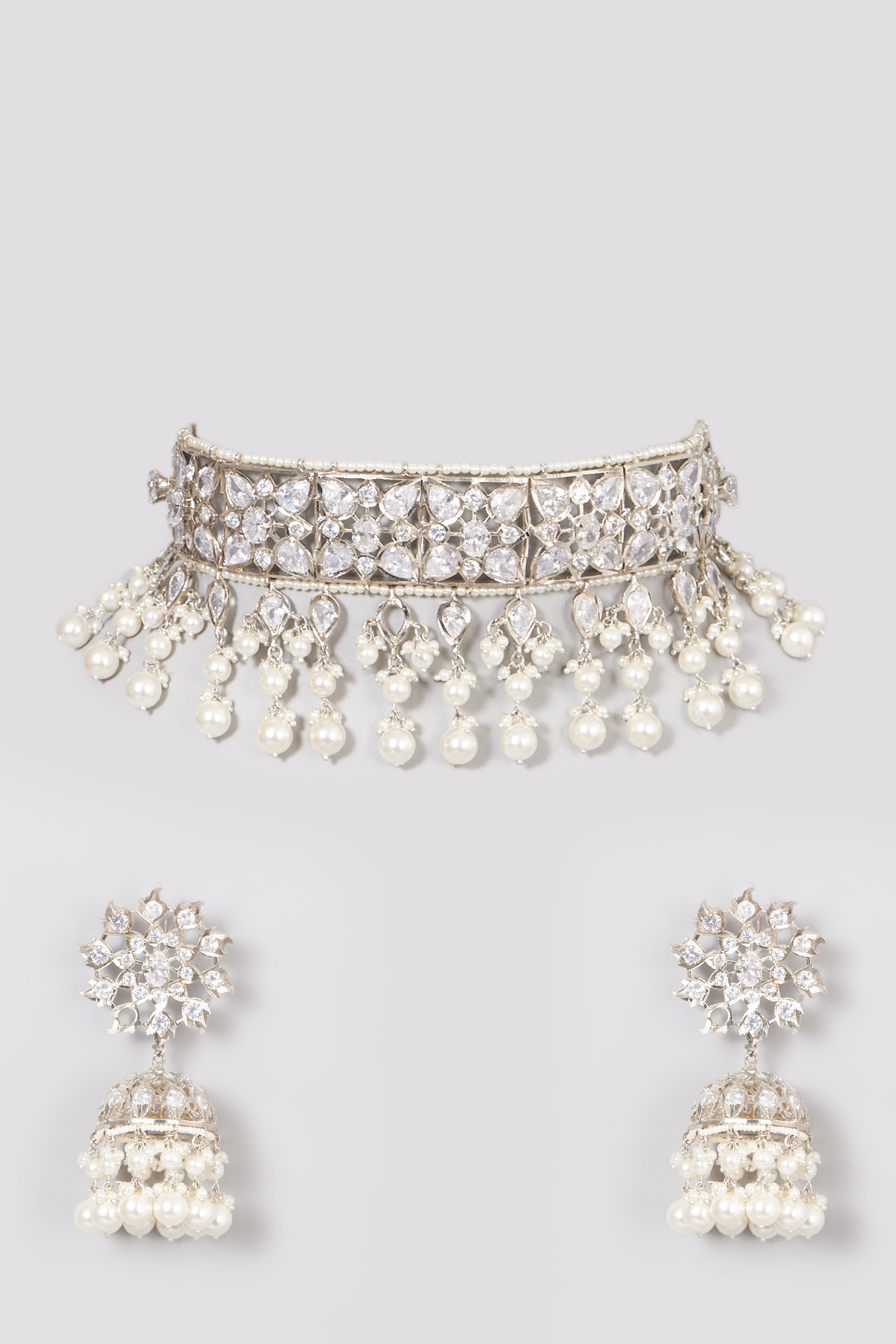 White Finish Choker Necklace Set by Kiara