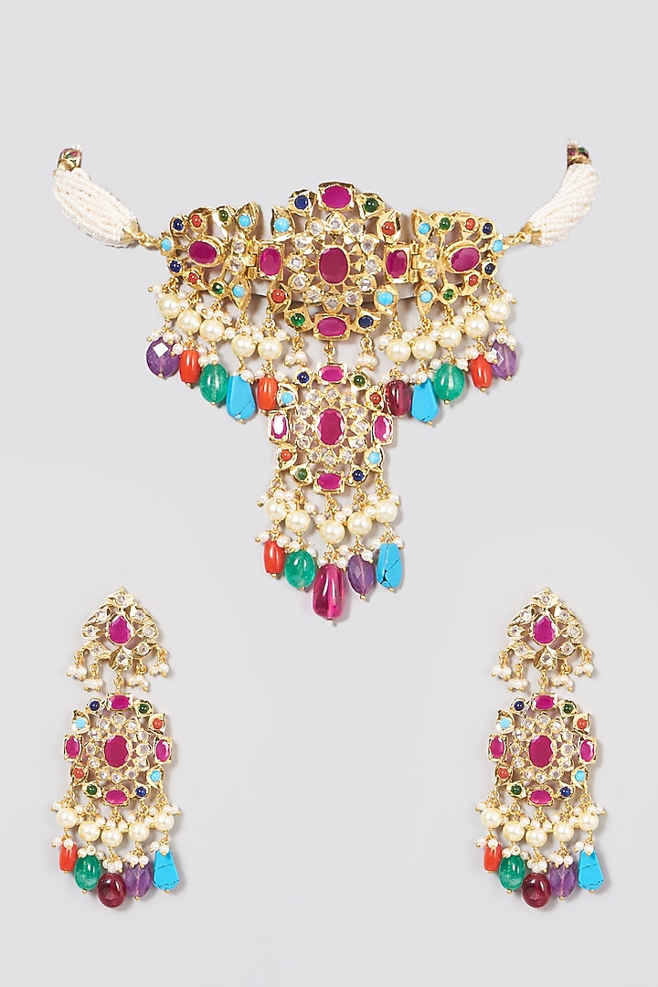 Gold Plated Navratan Necklace Set by Kiara at Pernia's Pop Up Shop