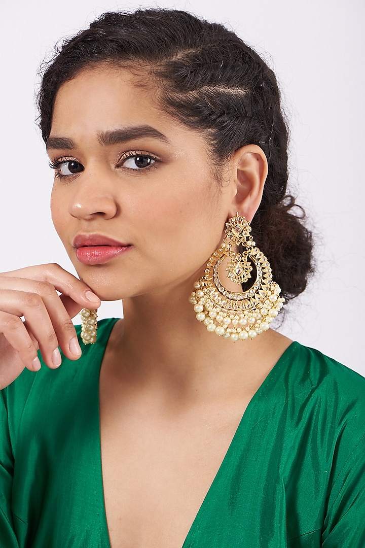 Gold Plated Kundan Polki Chandbali Earrings by Kiara at Pernia's Pop Up Shop