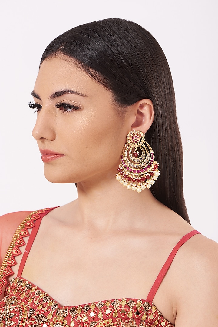 Gold Plated Chandbali Earrings With Onyx Beads by Kiara