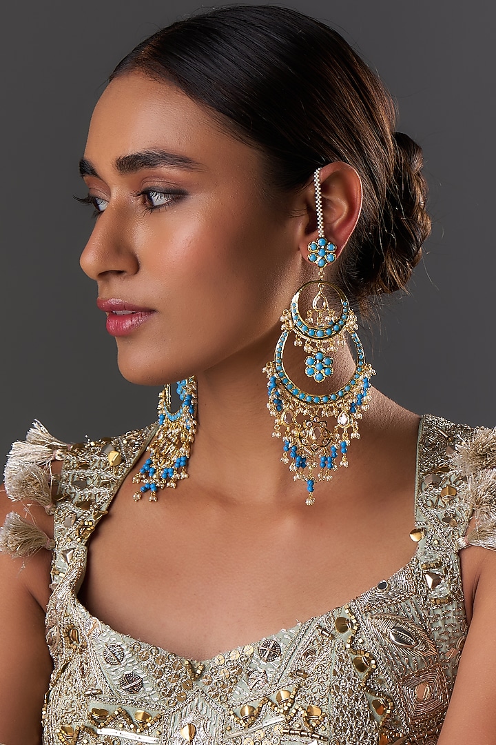 Gold Plated Kundan Polki & Blue Onyx Chandbali Earrings by Kiara at Pernia's Pop Up Shop