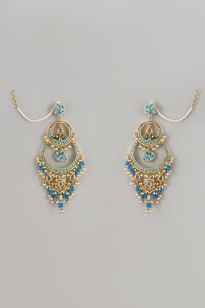 Gold Plated Kundan Polki & Blue Onyx Chandbali Earrings by Kiara at Pernia's Pop Up Shop