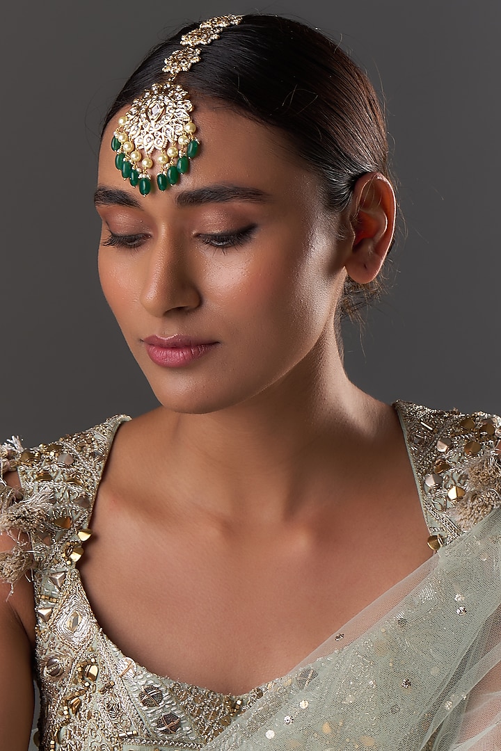 Gold Plated Kundan Polki & Green Onyx Maangtikka by Kiara