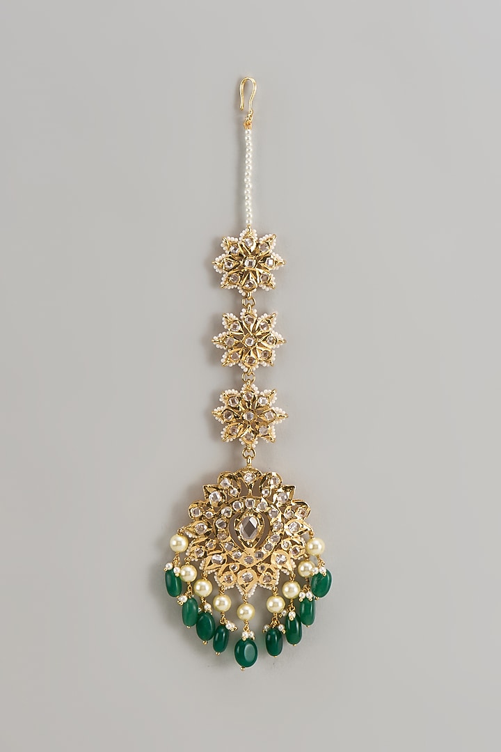 Gold Plated Kundan Polki & Green Onyx Maangtikka by Kiara at Pernia's Pop Up Shop