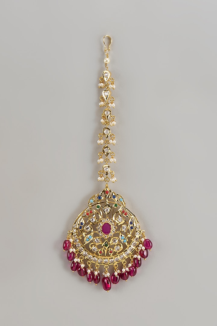 Gold Plated Kundan Polki & Red Onyx Maangtikka by Kiara at Pernia's Pop Up Shop