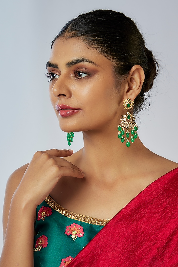 Gold Plated Kundan Polki & Green Onyx Chandbali Earrings by Kiara at Pernia's Pop Up Shop