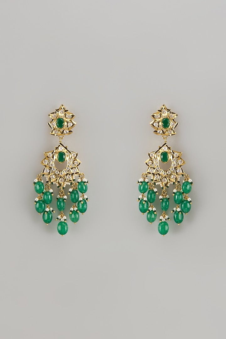Gold Plated Kundan Polki & Green Onyx Chandbali Earrings by Kiara at Pernia's Pop Up Shop