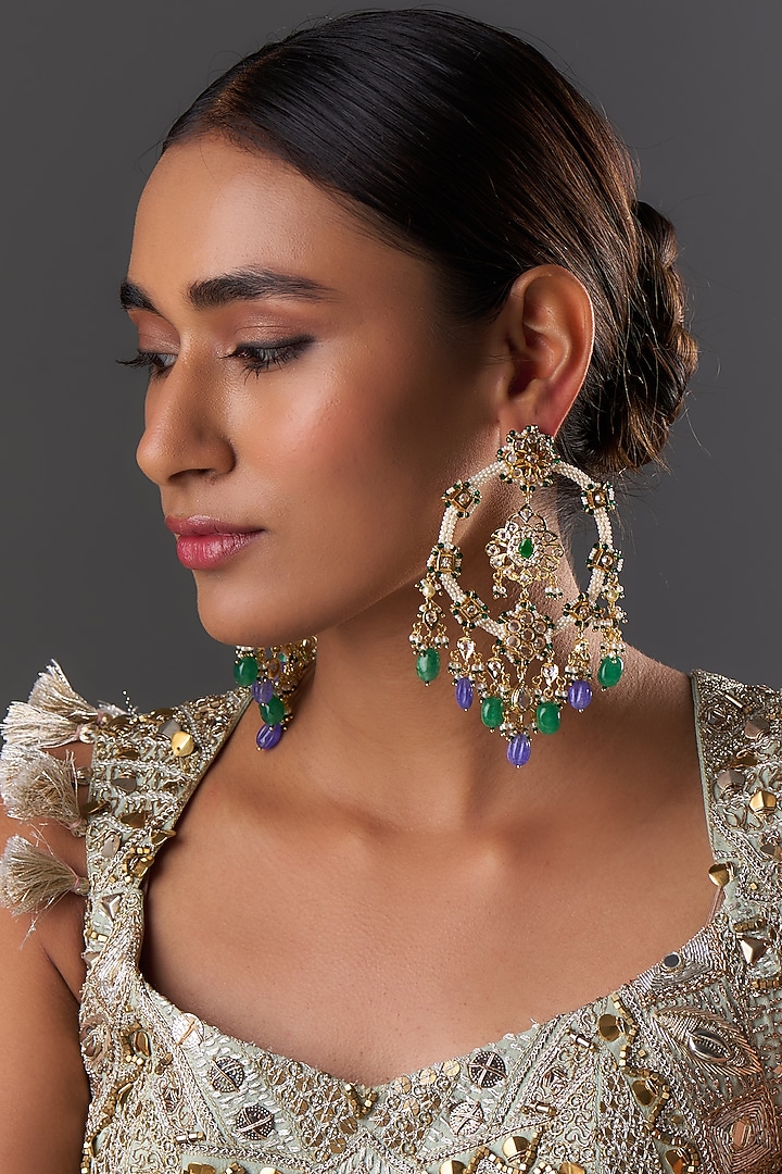 Gold Plated Kundan Polki & Multi-Colored Onyx Chandbali Earrings by Kiara at Pernia's Pop Up Shop