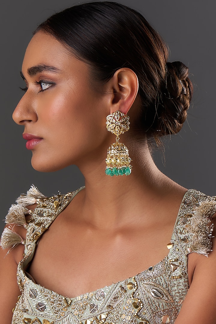 Gold Plated Kundan Polki & Pearl Jhumka Earrings by Kiara at Pernia's Pop Up Shop