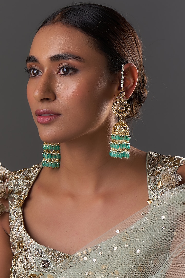 Gold Plated Kundan Polki & Green Onyx Jhumka Earrings by Kiara at Pernia's Pop Up Shop