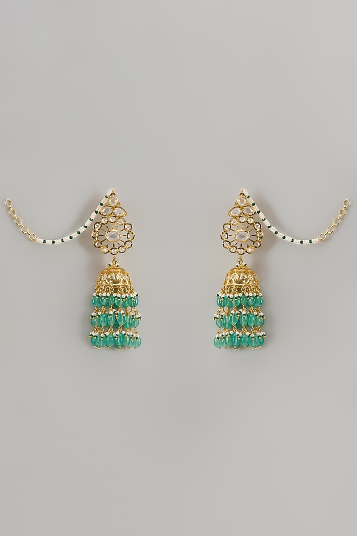 Gold Plated Kundan Polki & Green Onyx Jhumka Earrings by Kiara at Pernia's Pop Up Shop