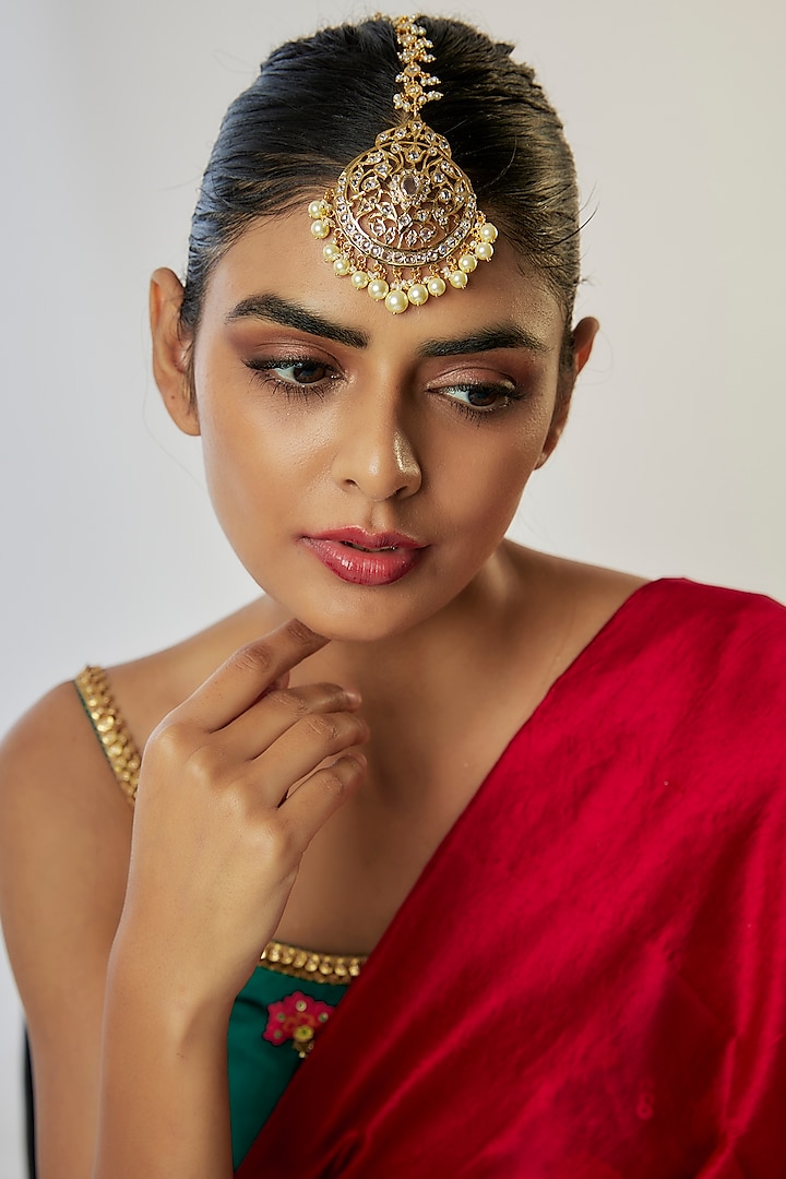 Gold Plated Kundan Polki & Pearl Maangtikka by Kiara