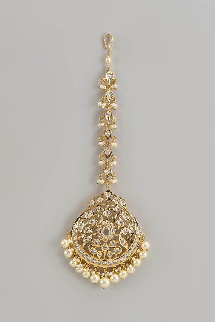 Gold Plated Kundan Polki & Pearl Maangtikka by Kiara at Pernia's Pop Up Shop