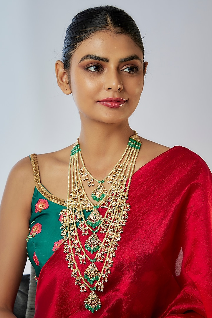 Gold Plated Kundan Polki & Green Onyx Layered Long Necklace by Kiara at Pernia's Pop Up Shop