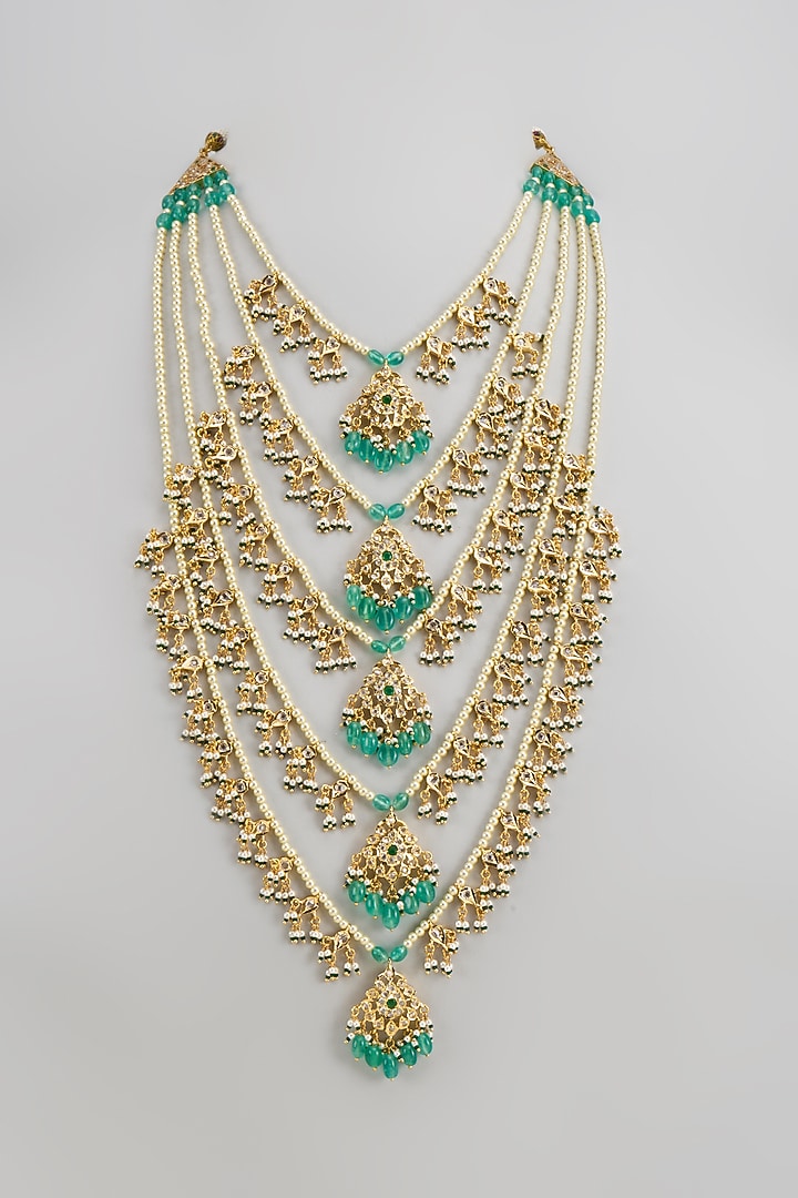 Gold Plated Kundan Polki & Green Onyx Layered Long Necklace by Kiara at Pernia's Pop Up Shop