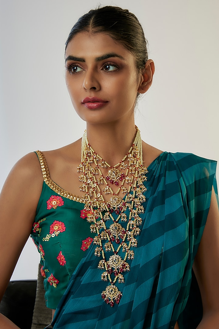 Gold Plated Kundan Polki & Red Onyx Layered Long Necklace by Kiara at Pernia's Pop Up Shop