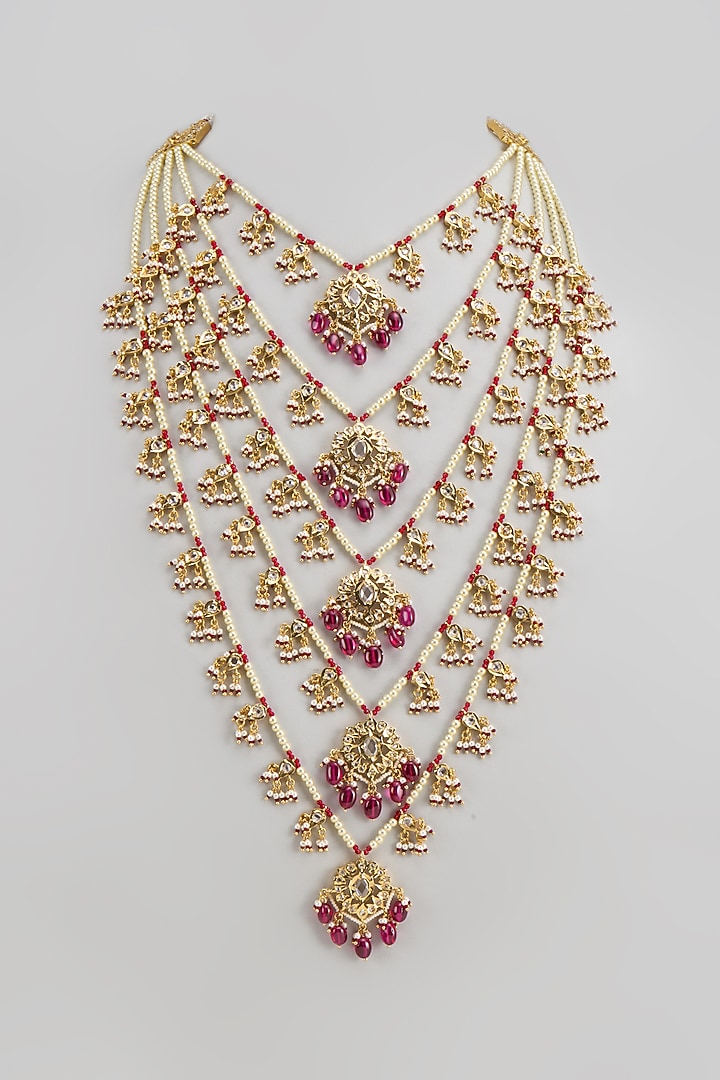 Gold Plated Kundan Polki & Red Onyx Layered Long Necklace by Kiara at Pernia's Pop Up Shop