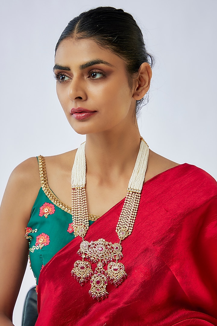 Gold Plated Kundan Polki & Red Onyx Long Necklace by Kiara at Pernia's Pop Up Shop
