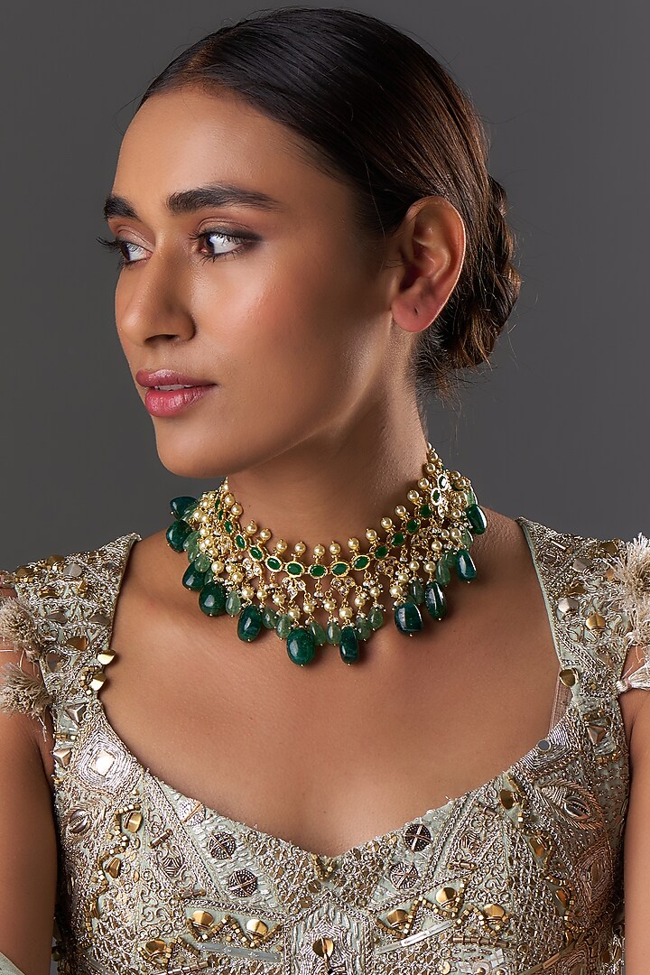 Gold Plated Kundan Polki & Green Onyx Choker Necklace by Kiara at Pernia's Pop Up Shop